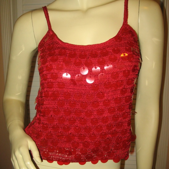 New Vintage Y2K 90s Rampage Red Spaghetti Embellished Top Cami Knit Crochet Glam - Picture 2 of 8